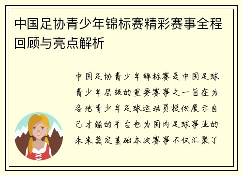 中国足协青少年锦标赛精彩赛事全程回顾与亮点解析 中国足协青少年锦标赛精彩赛事全程回顾与亮点解析