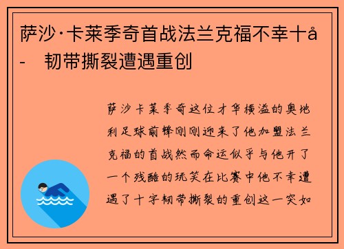 萨沙·卡莱季奇首战法兰克福不幸十字韧带撕裂遭遇重创 萨沙·卡莱季奇首战法兰克福不幸十字韧带撕裂遭遇重创
