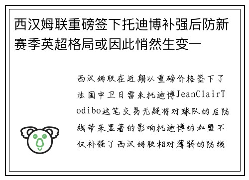西汉姆联重磅签下托迪博补强后防新赛季英超格局或因此悄然生变一 西汉姆联重磅签下托迪博补强后防新赛季英超格局或因此悄然生变一